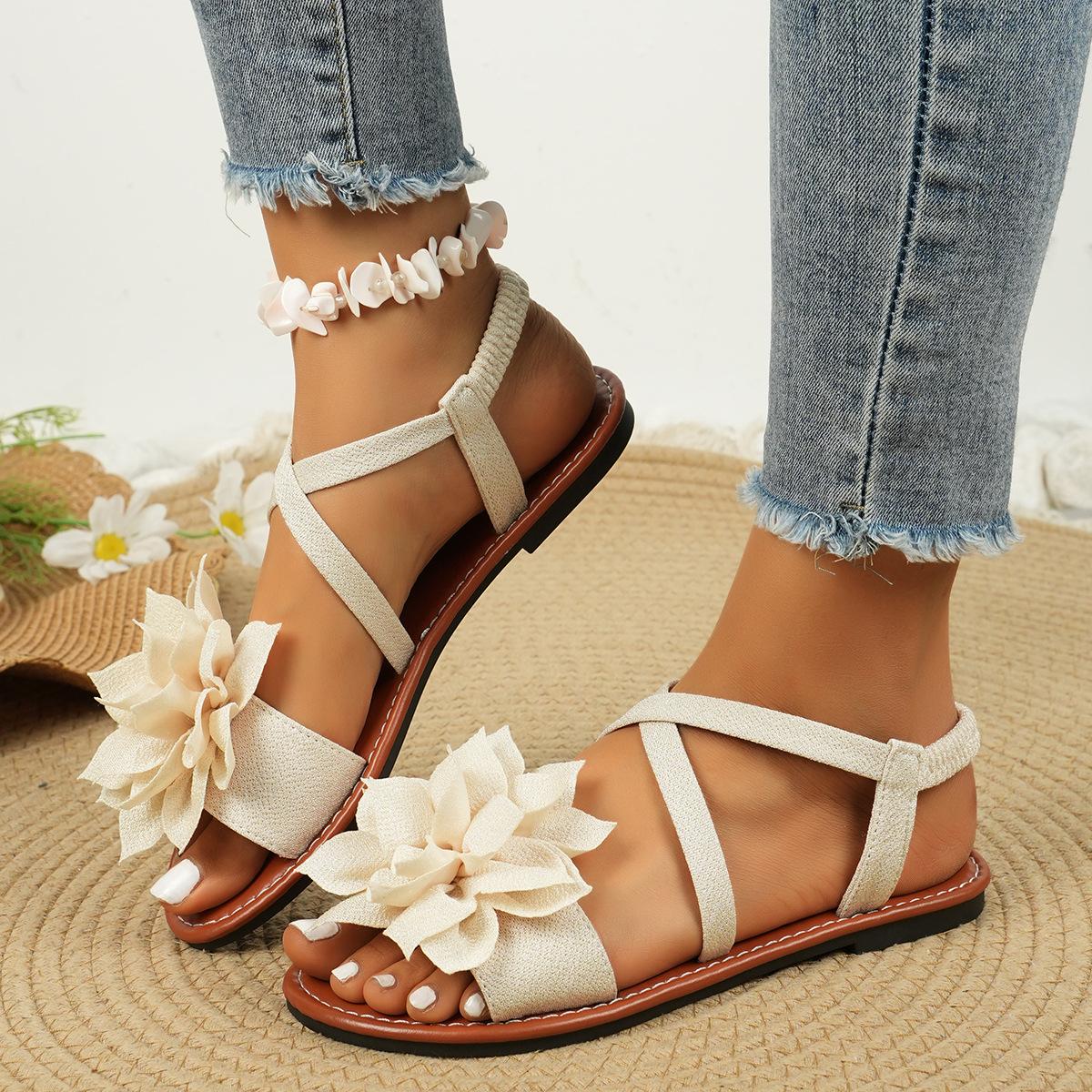 

Женские модные сандалии на плоской подошве с круглым носком, пляжная обувь Sweet Wind Flower с перекрестными ремешками 36 бежевый