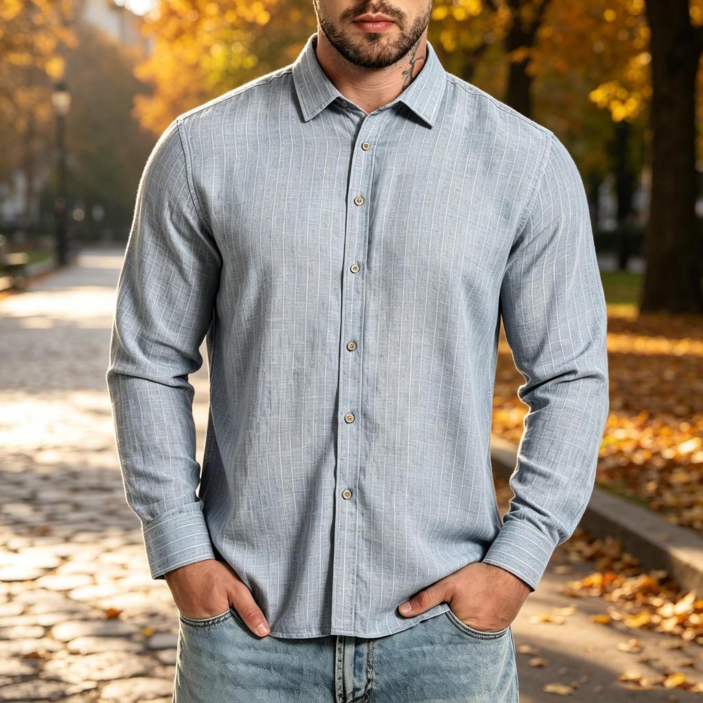 Men's Slim Fit Long Sleeve Striped Business Casual Shirt with Pointed Collar for