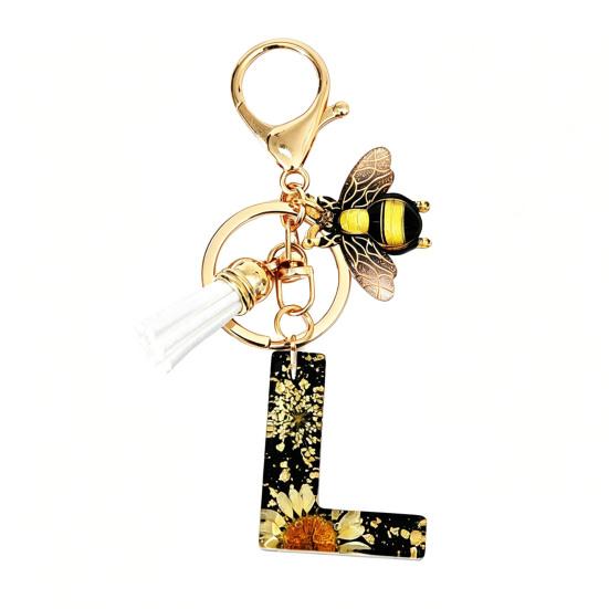 Dried Flower Letter Charm Bee Keychain Pendant Resin Black 1 Pc