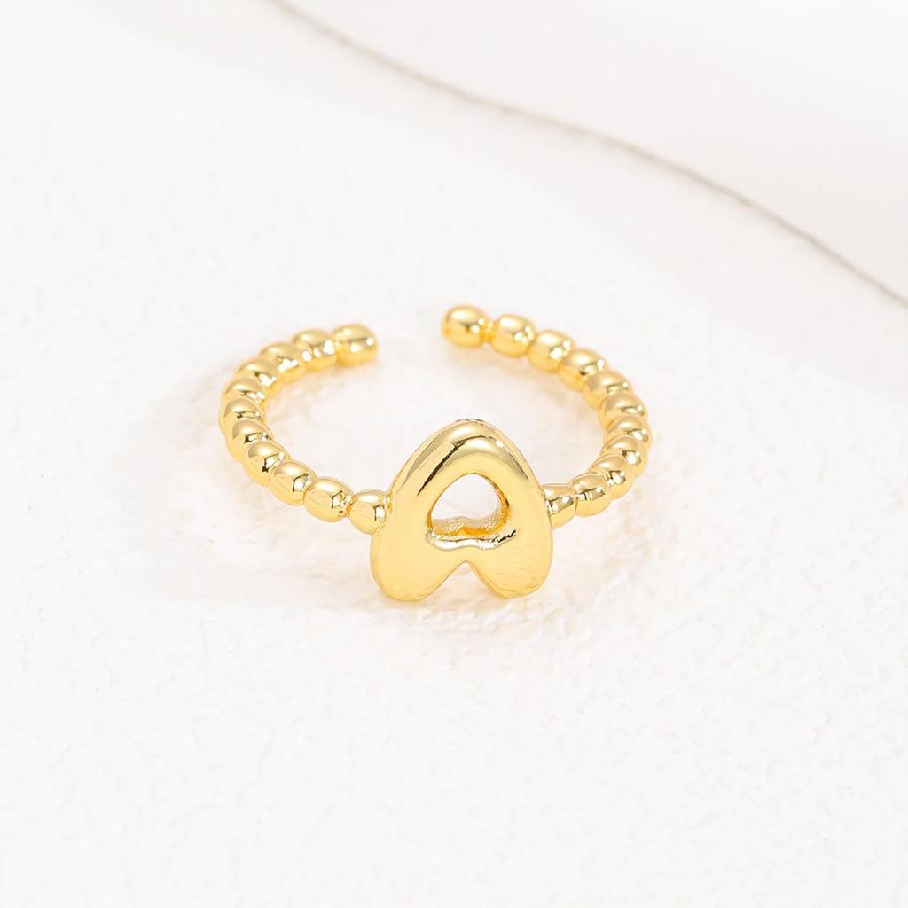 Adjustable 18K Gold Bubble Beaded Open Ring with 26 Alphabet Options