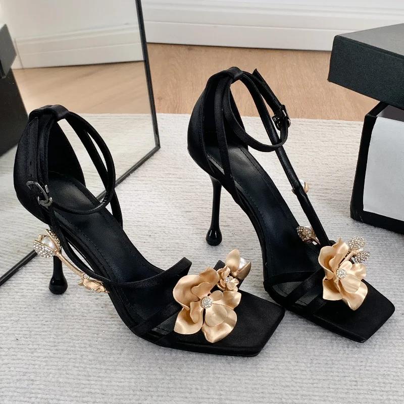 Fashion Elegant Square Toe High Heel Sandals Women's Summer Shoes Metal Flower Decoration High-heeled Sandals Mules Slides