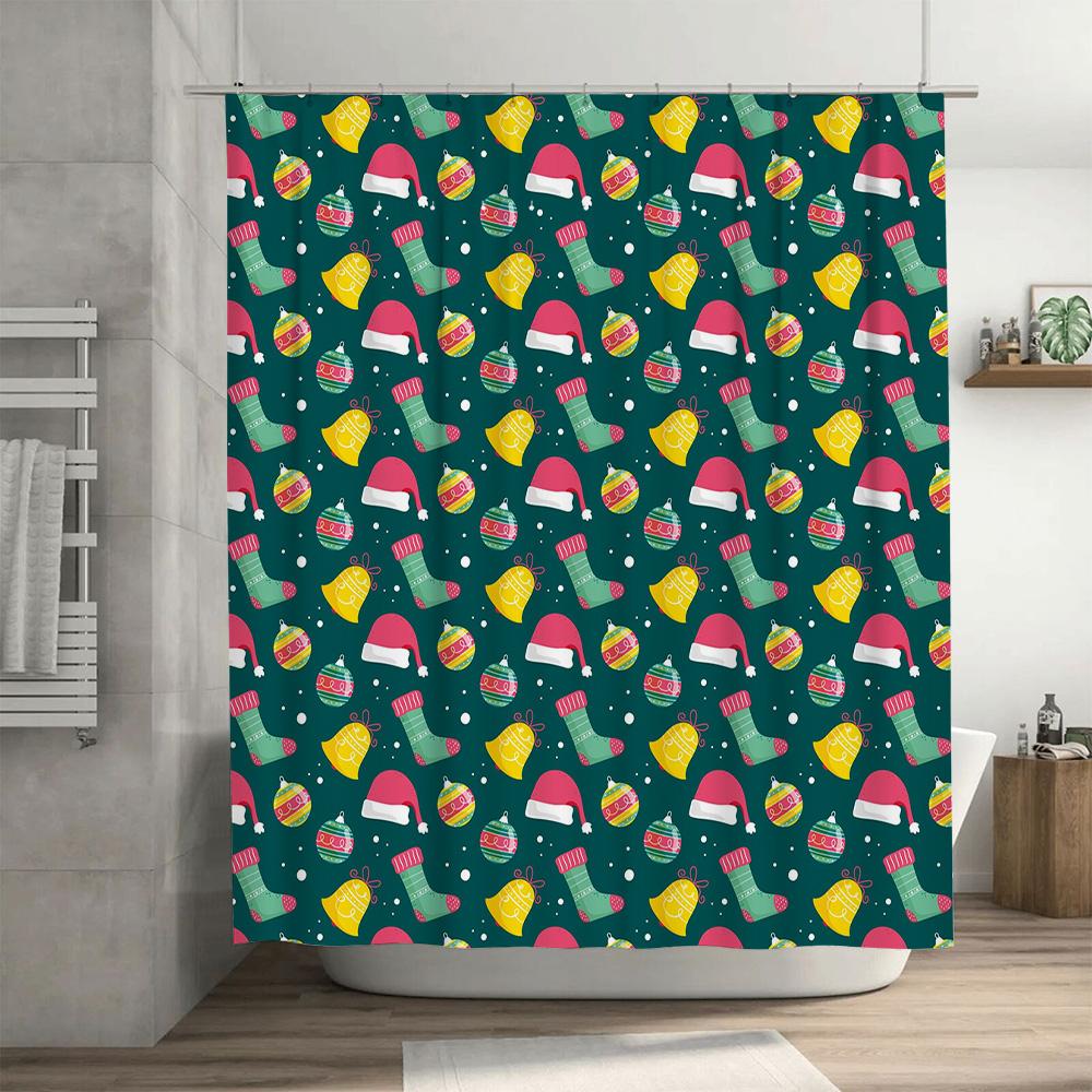 Colorful Christmas Pattern Shower Curtain Waterproof Bathroom Decor Hanging Decoration