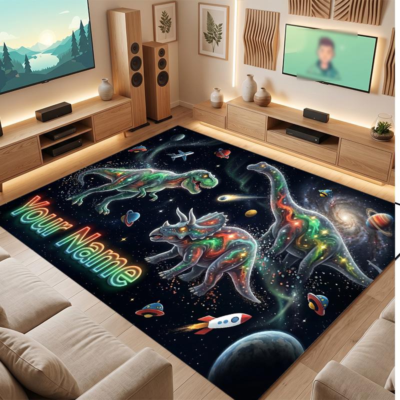 Dinosaur Theme Soft Crystal Velvet Rug Custom Name & Text Print Non Slip Floor Rug for Bedroom Living Room