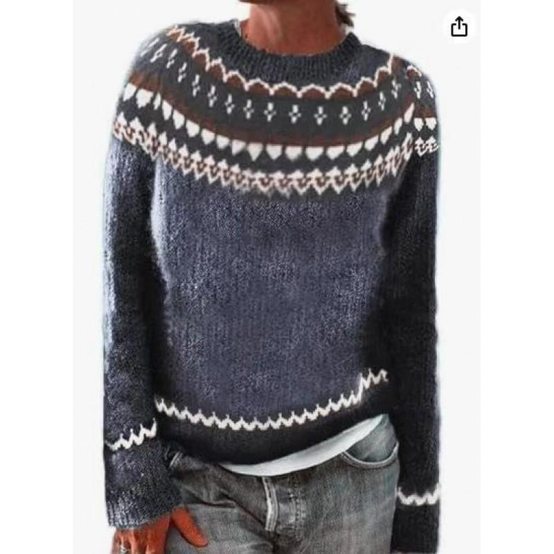 Womens Geometric Color Block Crewneck Sweater Loose Fit Long Sleeve Pullover Knit Top