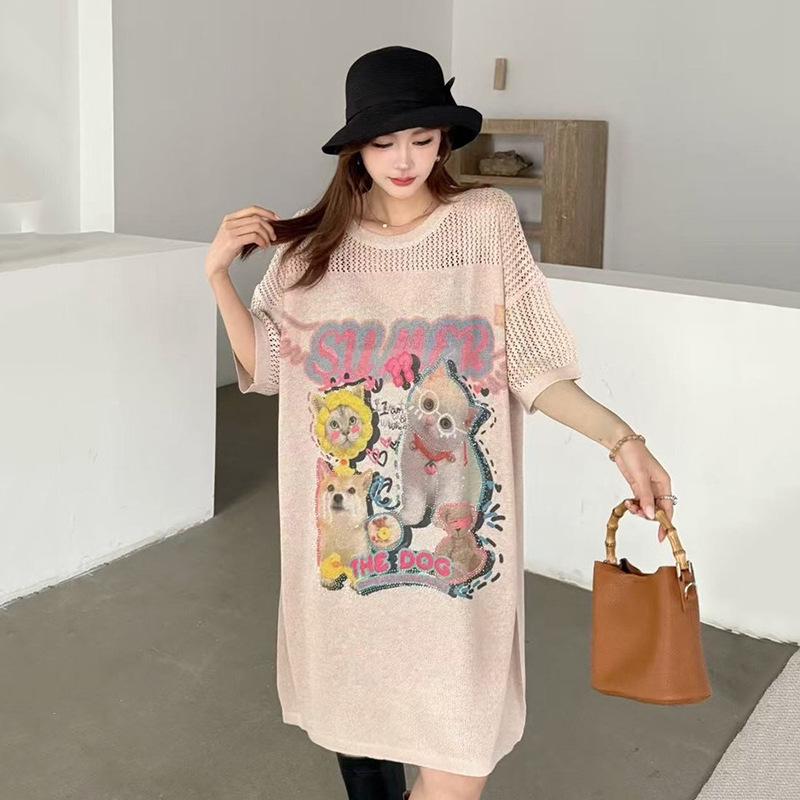 

Летнее вязаное платье для женщин 2025 - Свободный крой, Антивозрастное, Круглый вырез, Миди-длина One Size (Fits 85-170 Jin)