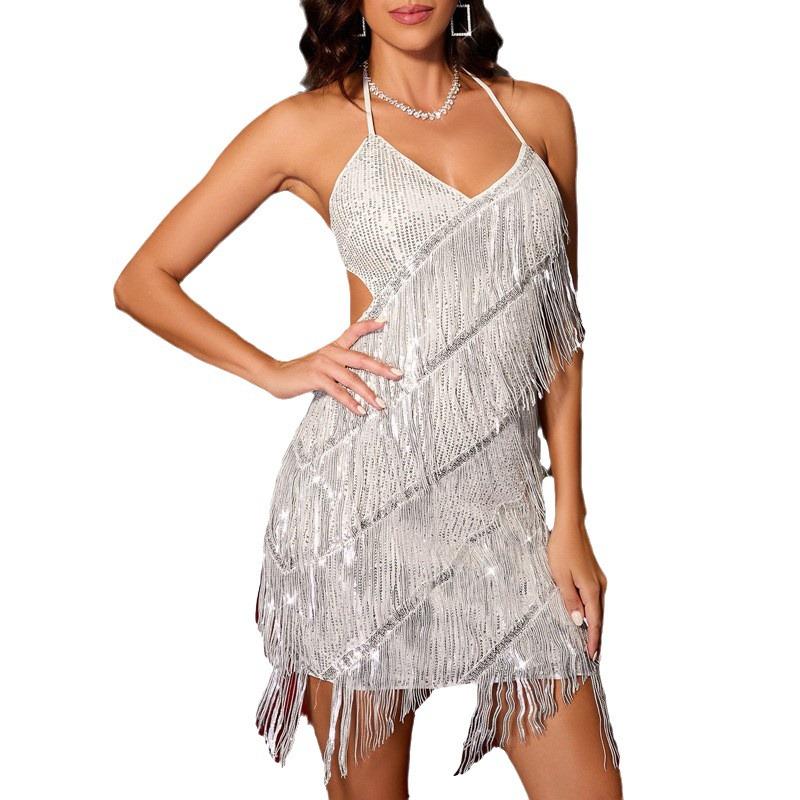 2025 Halter Tassel Backless Hip-Hugging A-Line High-Waisted Short Dress