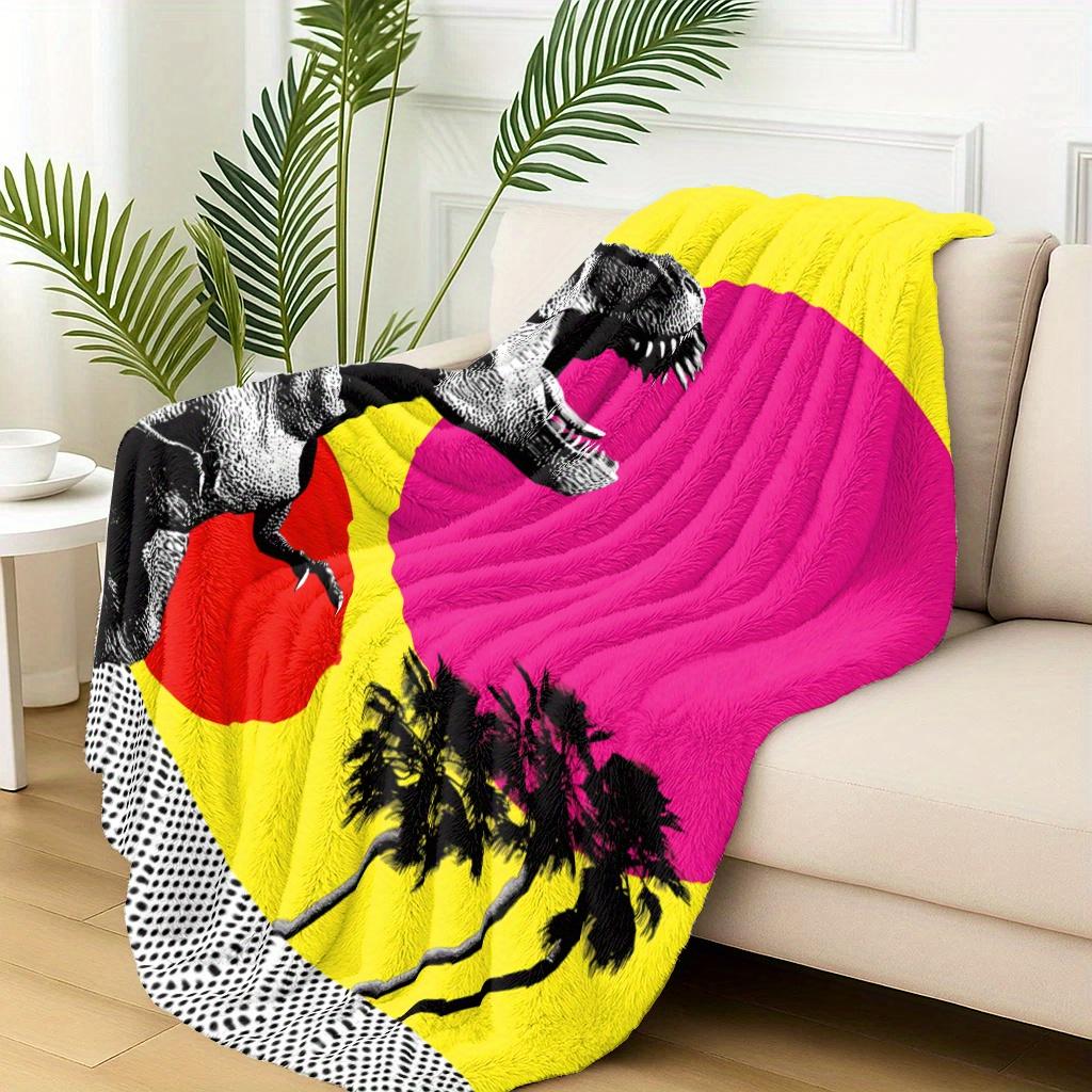 Retro dinosaur palm pattern Flannel printed blanket suitable for all seasons suitable for living room office sofa and travel