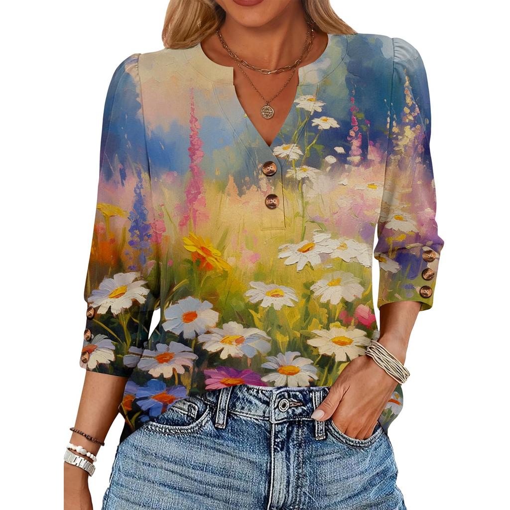 Women's Retro Printed Loose 7-inch Sleeve Top
