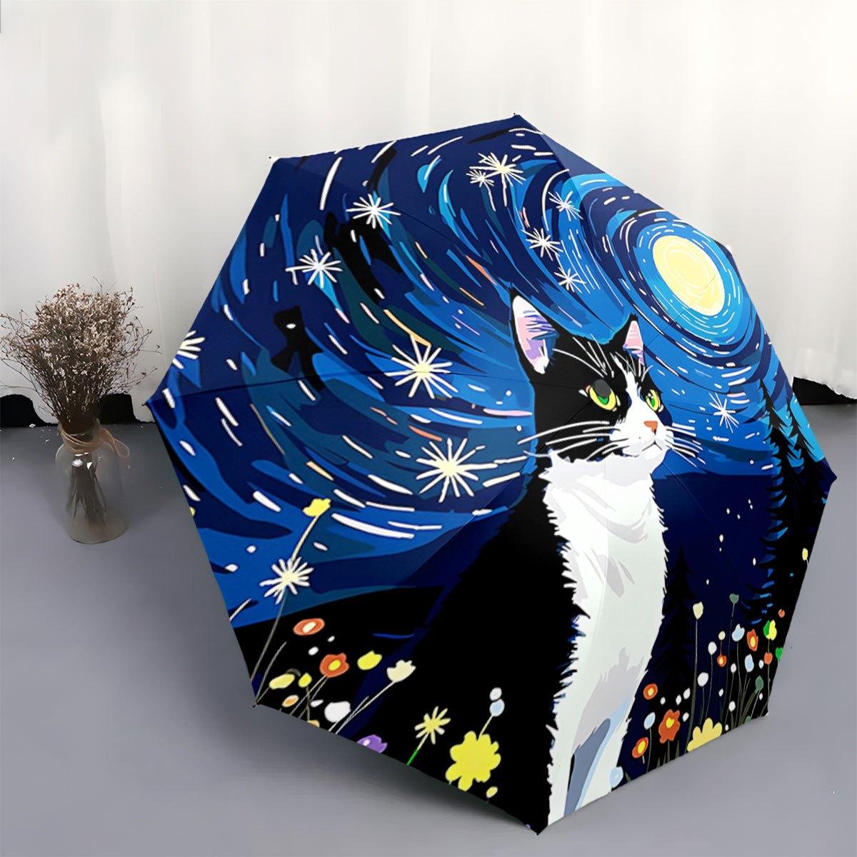 

Folding Umbrella The umbrella features a black-and-white cat, vibrant wildflowers, and a swirling starry sky with a luminous m Iron&8K