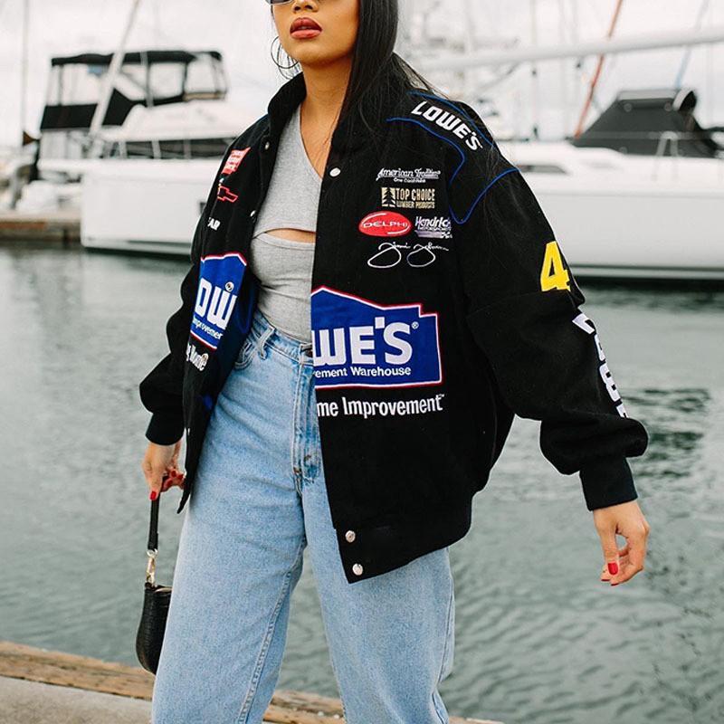 Womens Oversized Black Printed Streetwear Windbreaker Jacket Long Sleeve Casual Cycling Outerwear