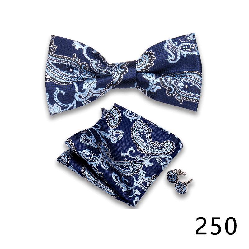 Men's Formal Bow Tie and Pocket Square Set for Banquets and Weddings, with Lapel Flower.