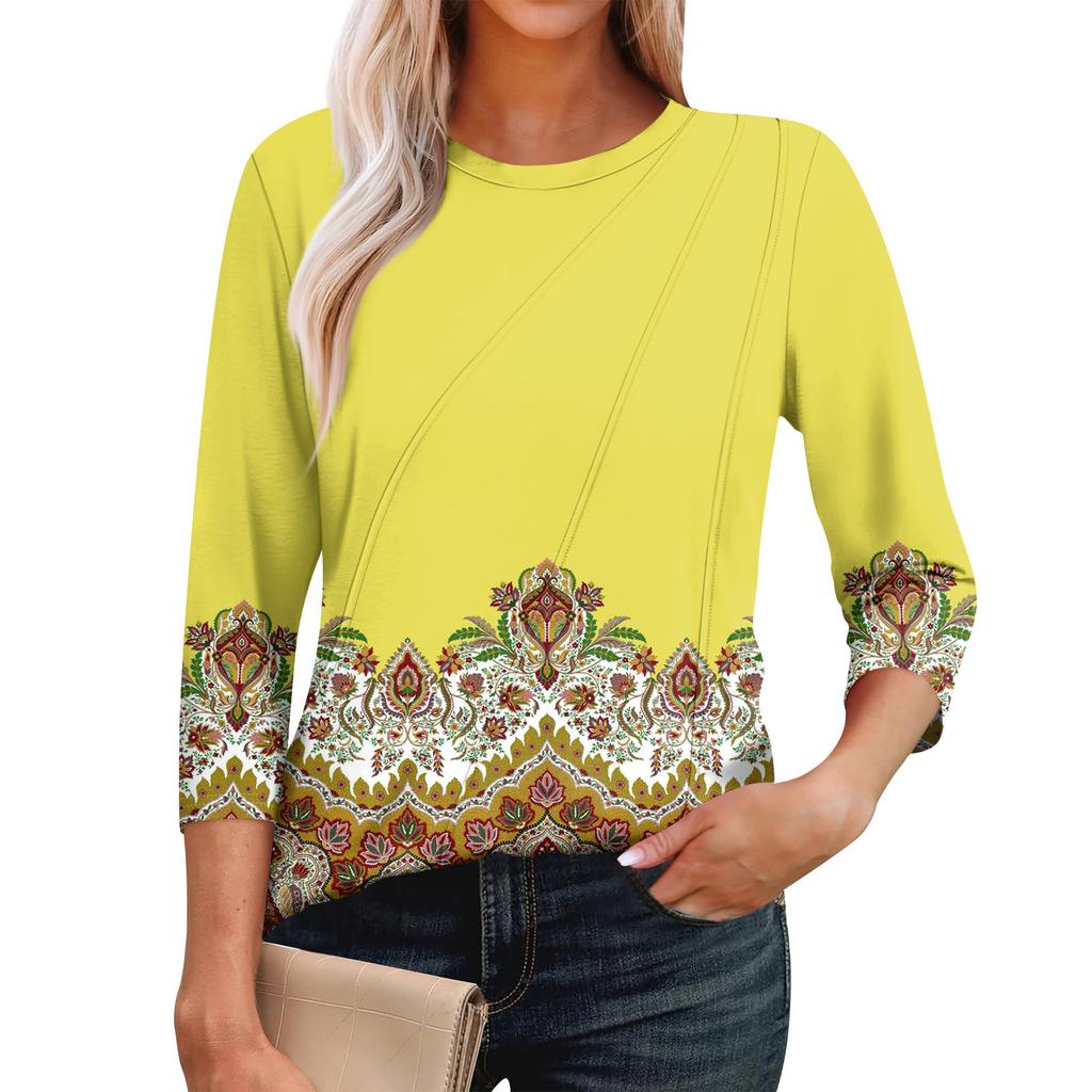 Women's Fashion Casual 3/4 Sleeve Tops Pleated Fashion Clothing T-shirt Tops