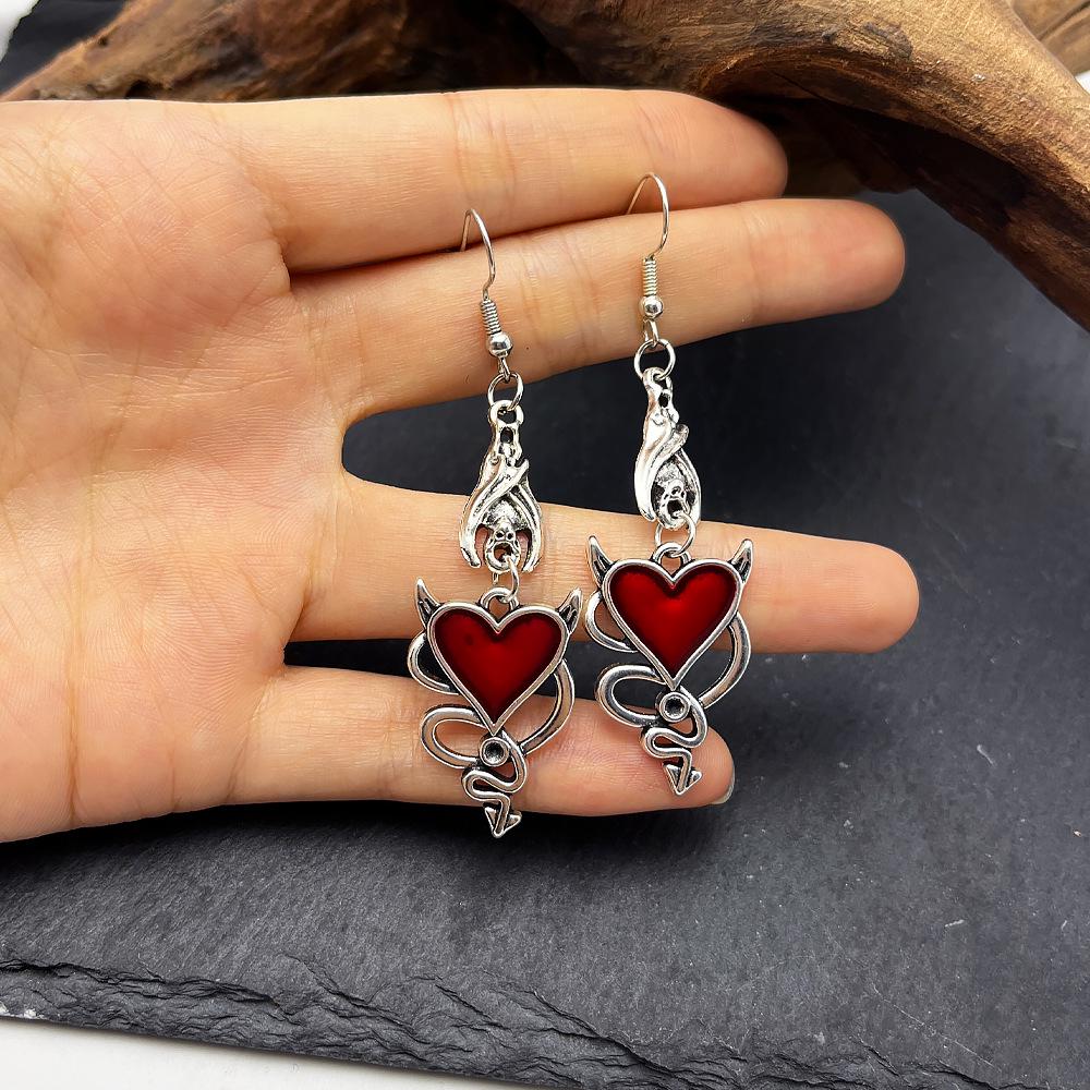 Dark Gothic Punk Bat Demon Heart Necklace & Earrings Set