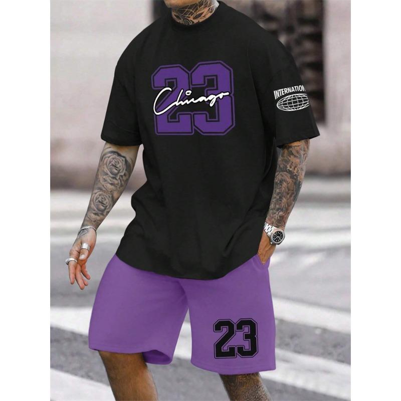 Men's Short Sleeve Shorts 2-Piece Tracksuit Fashion 23 Digital Printed Crewneck T-Shirt and Drawstring Shorts Set