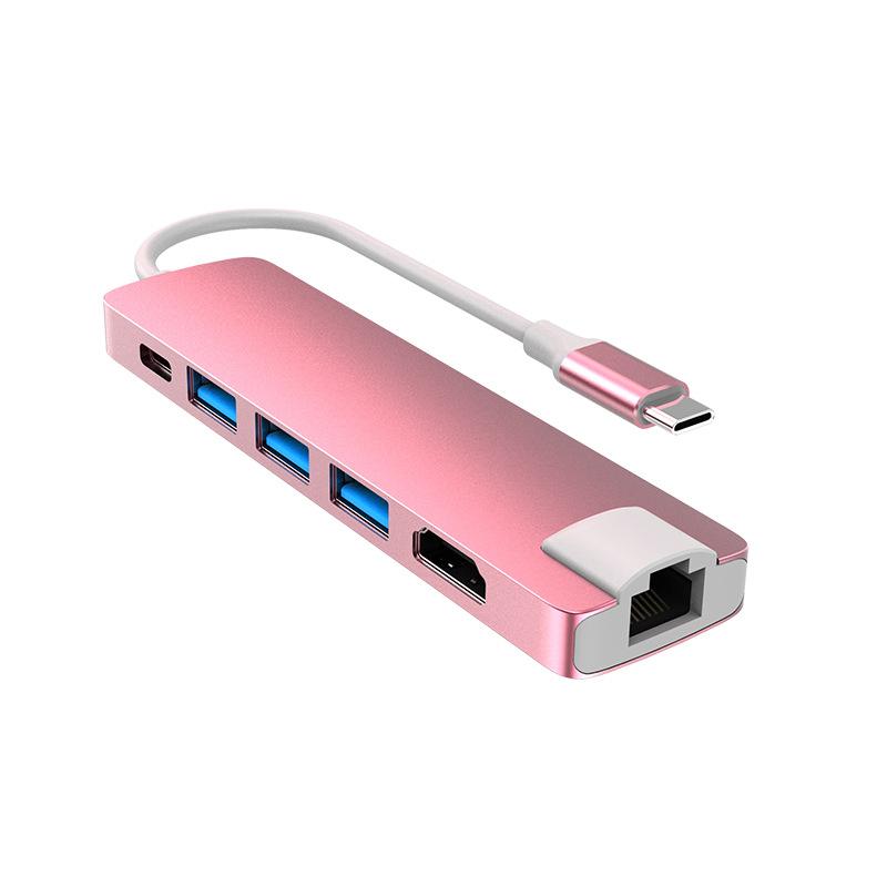 

6 в 1 USB C HUB док-конвертер USB 3.0 4K HDMI-совместимый Type-C 55 Вт PD зарядный адаптер RJ45 Multi USB станция розовый