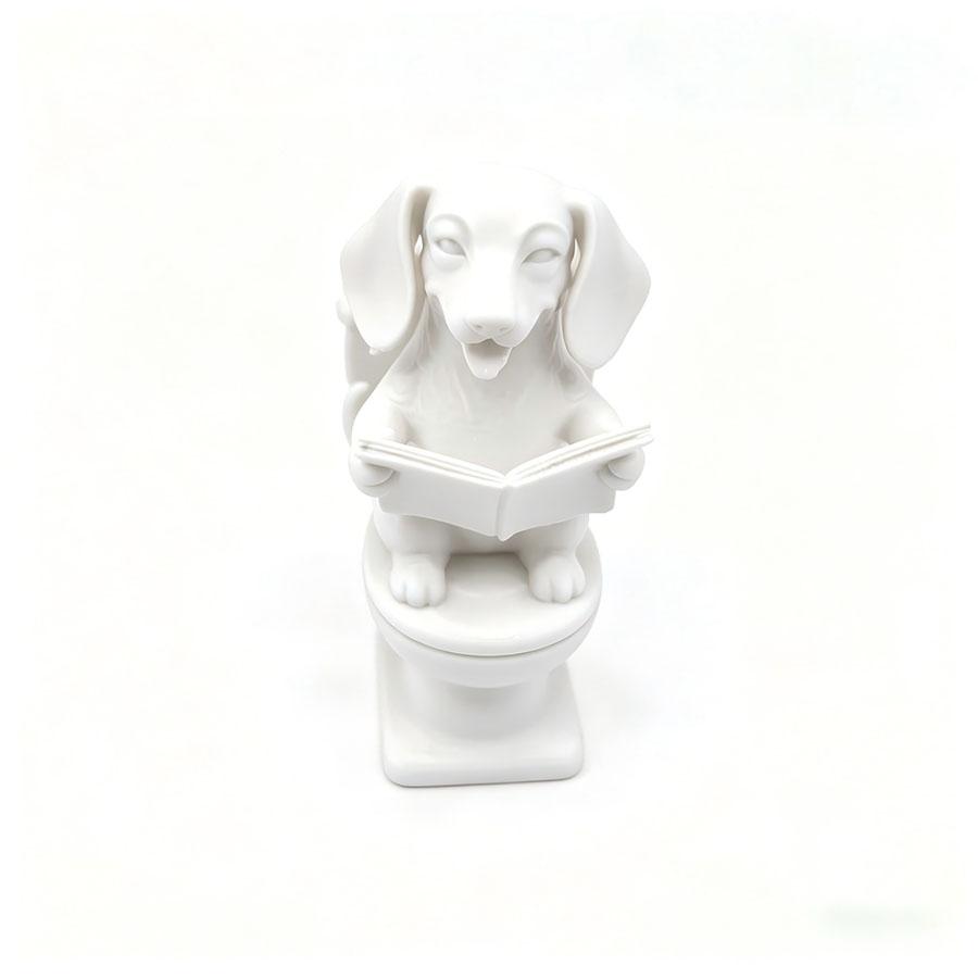 Funny Dachshund Sitting on Toilet Reading Book Figurine, Creative Dog Statue Ornament, Resin Desktop Home Bathroom Decor