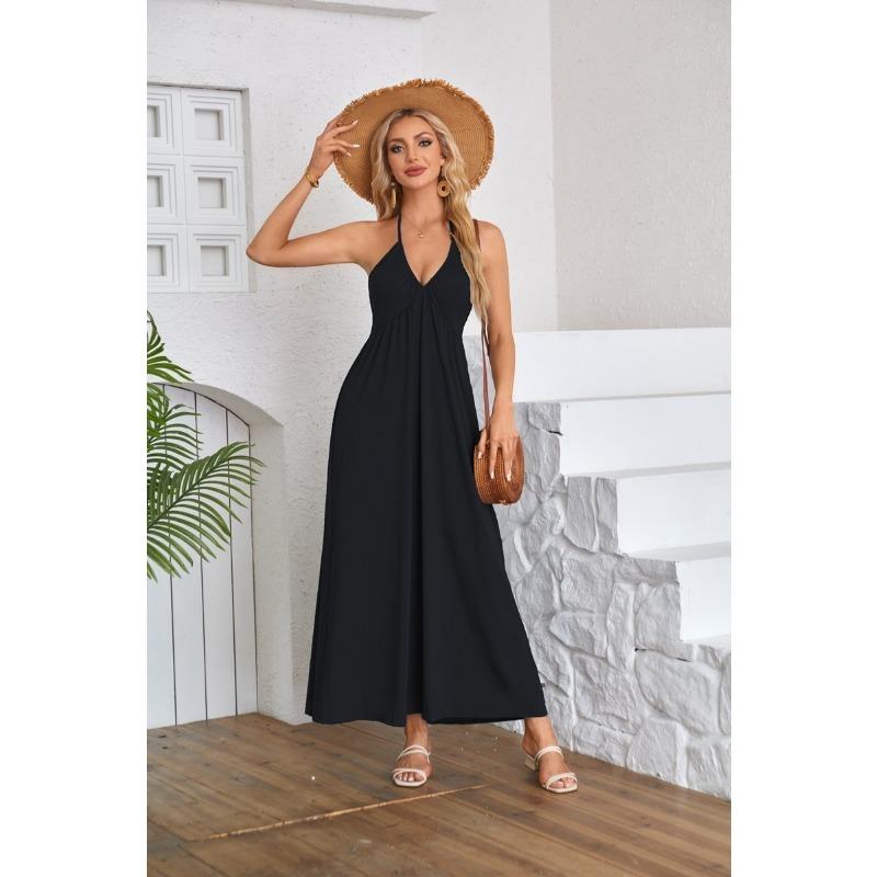 Fashion Sleeveless Party Sexy Dress Women Summer Clothing Backless Solid V-neck Loose Casual Dress Office Lady Elegant Pleated A-line Dresses 1077