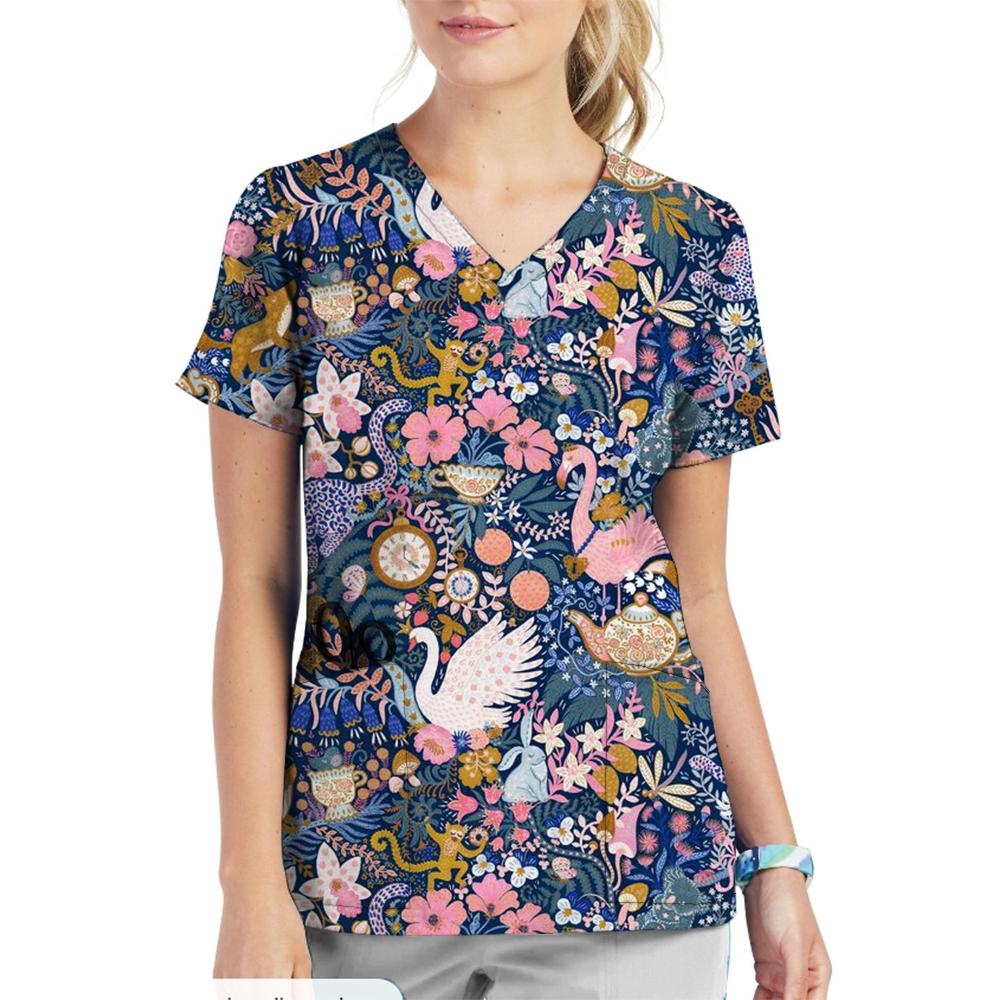 Krankenschwester Uniform V-Ausschnitt Cartoon Katze Hund Muster Bedruckte Oberteile Kurzarm Taschen Damen T-Shirts