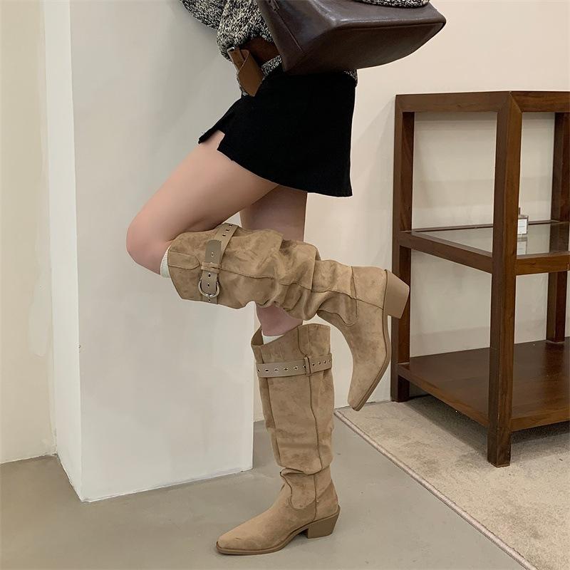 Retro style belt buckle thick heel boots cool handsome wrinkled stack tall knight boots autumn and winter sleeve boots