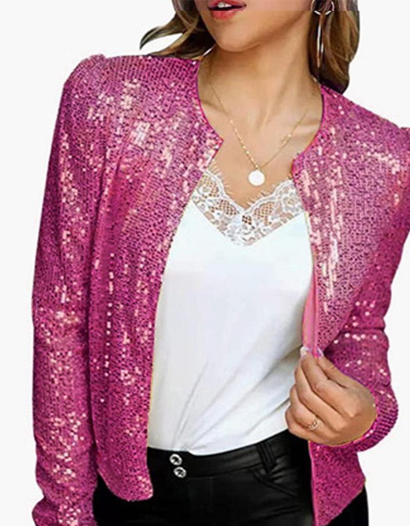 Spring Women's Fashion Sequin Stand-up Collar Jacket - Short, Versatile, and Stylish.