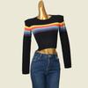 American Contrast Color Stripes High Waist Short Knitwear Tops Spring New Inner Wear Slimming and Fashionable Younger Underwear Blouse