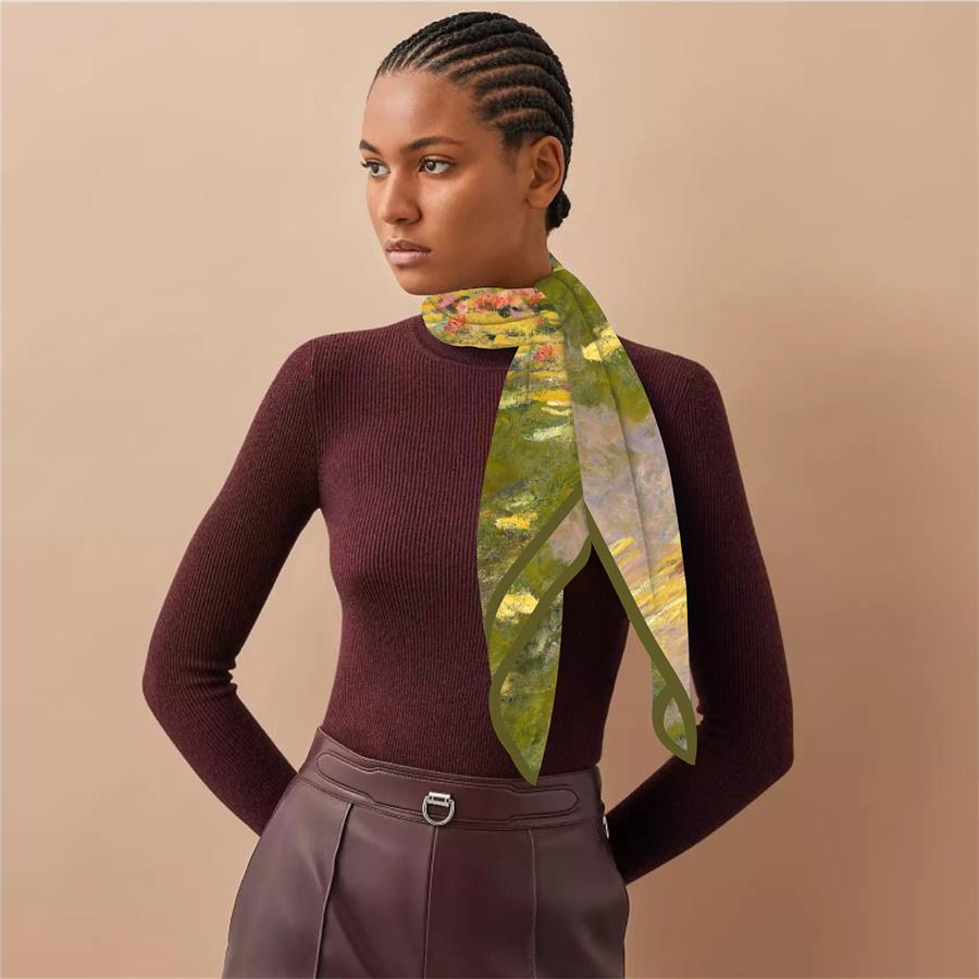 Silk Scarf Women Lotus Print Square Scarves Head Echarpe Silk Foulards Femme Wraps Beach Shawls Bandana Lady Hijabs 90CM