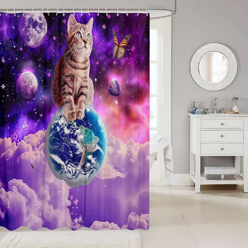 Little Cat Shower Curtain Cute Kitten Shower Curtain Set Galaxy Starry Sky Bath Curtain Universe Planet Purple Nebula Cosmic