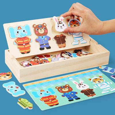 Drevené puzzle na prezliekanie Montessori hračky Zvieratko Medveď Prezliekanie Skladačka Krabička Hry na priraďovanie Oblečenie Detská cestovná súprava