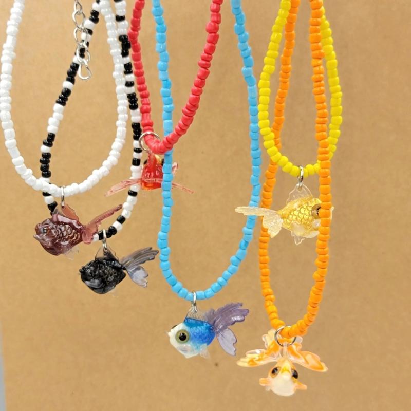 Y2K Resin Goldfish Pendant Necklace for Women Fashion Egirl Beaded Clavicle Chain Fashion Jewelry Valentines Day Gifts