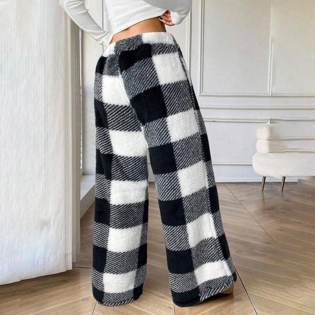 Women's Loose Elastic Drawstring Plush Checked Long Pants