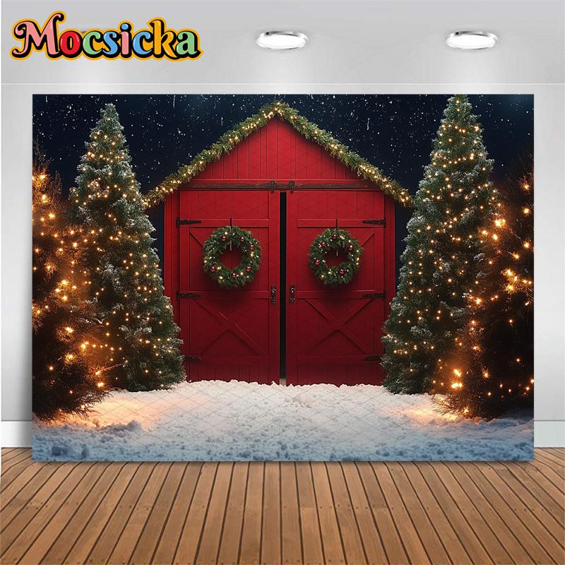 Mocsicka Christmas Tree Background Photography Red Door Snow Wreath Gifts Kid Photo Backdrop Shooting Props Outdoor Decor Studio