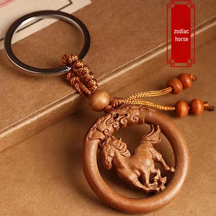 Peach Wood Zodiac Keychains: Year of the Dragon Pendant with Rat, Ox, Tiger Carvings - Carry-on Ornament Gift