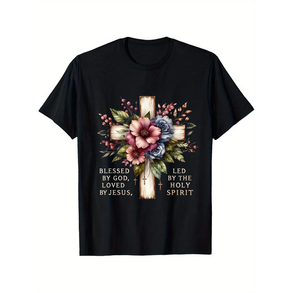 Blessed By God Loved By Jesus Christian Cross Floral Graphic Tee Short Sleeve Casual T-Shirt