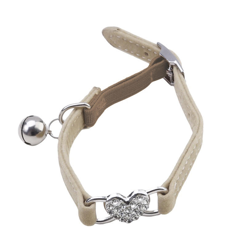 Cute Heart Flocked Diamond Bell Cat Collar Pet Puppy Kitten Collars with Safety Belt Jeweled Necklace
