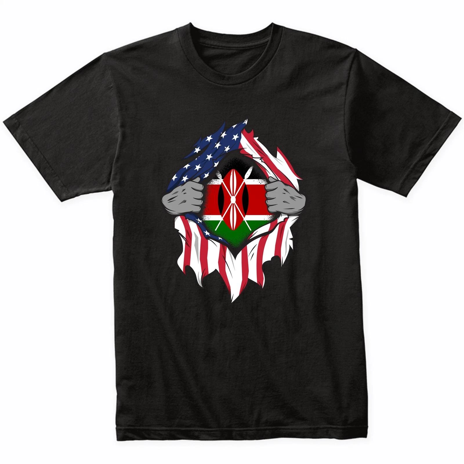 Kenyan American Flags Hands Ripping Flag on Chest T-Shirt - Kenya Flag Shirt M