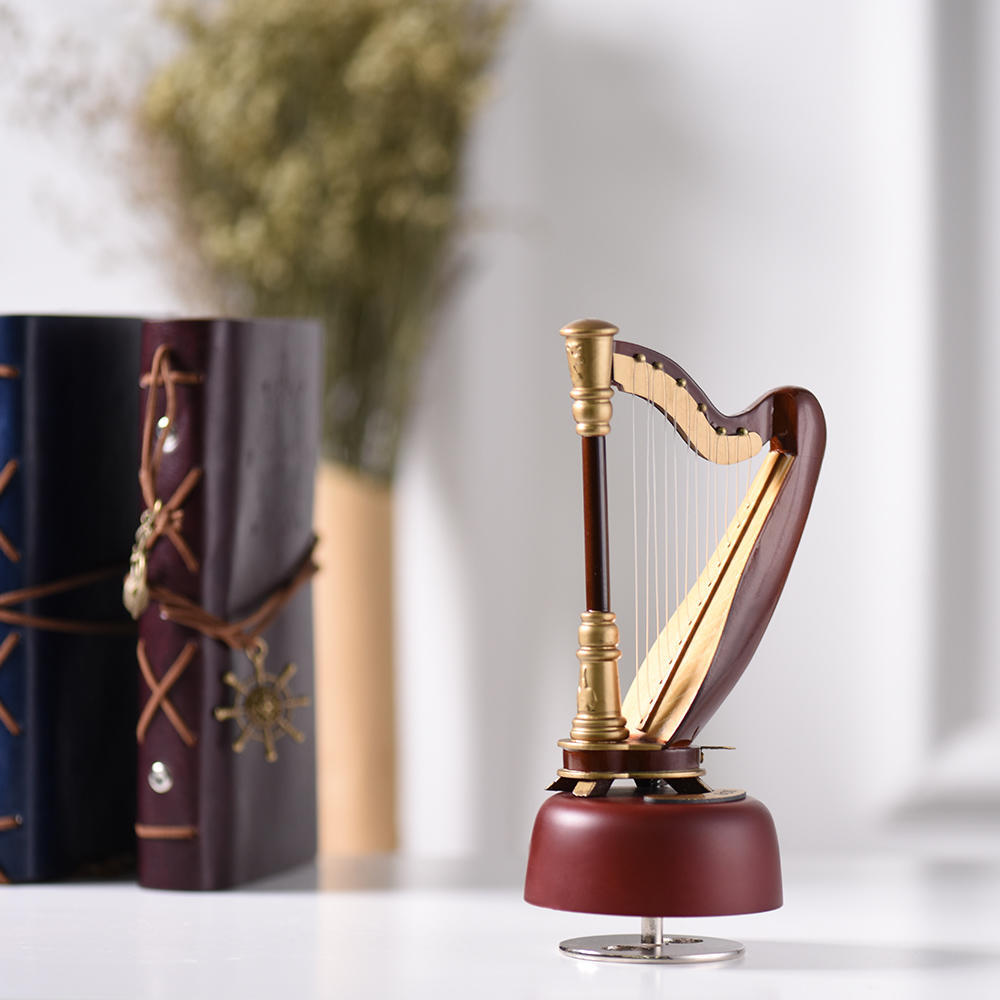 Classical Wind Up Harp Music Model with Rotating Musical Base Instrument Miniature Replica Artware Gift