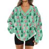 Women's Fashionable V-neck Christmas Printed Long Sleeved Casual Pullover Plush Warm Pocket Sweatshirt Top