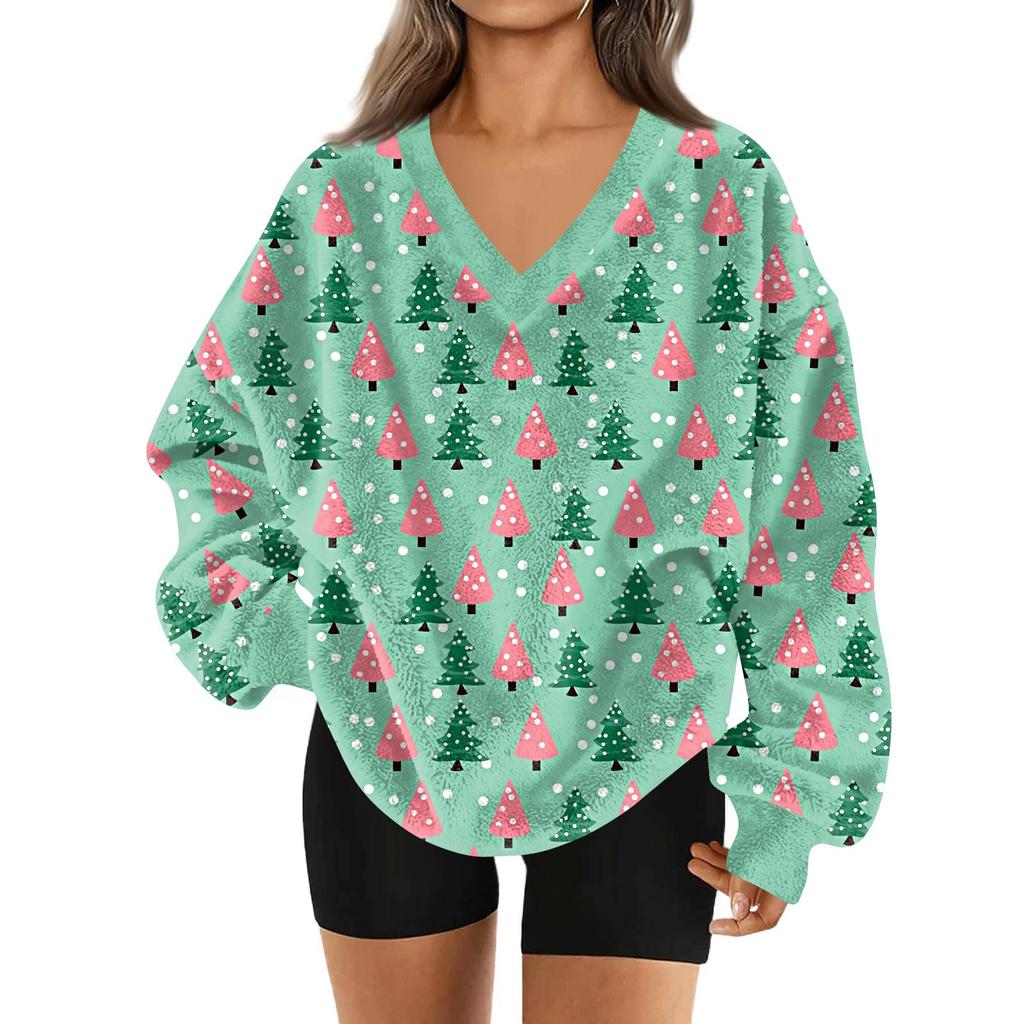Women's Fashionable V-neck Christmas Printed Long Sleeved Casual Pullover Plush Warm Pocket Sweatshirt Top