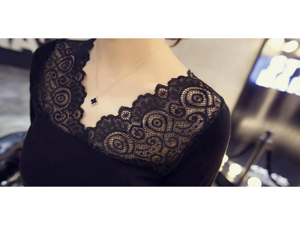 Women's Slim Fit V-Neck Lace Pullover: Long Sleeve, Korean Style, All-Match Shirt for Spring and Summer