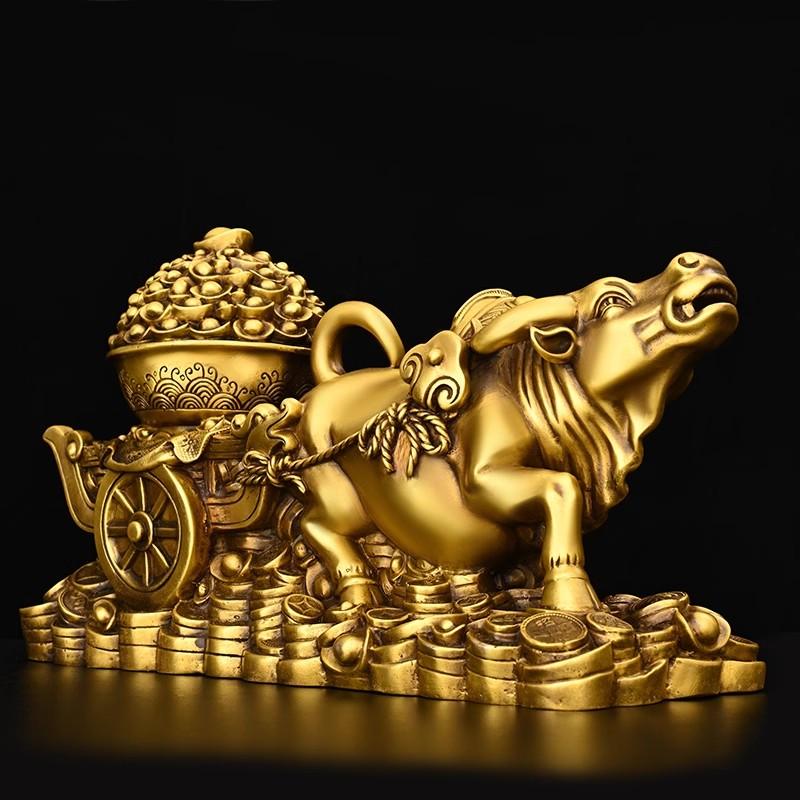 Pure Copper Ox Pulling Treasure Pot Statue Wealth Golden Ox with Cart Full of Gold Ingots, Chinese Zodiac Lucky Animal CraftGift