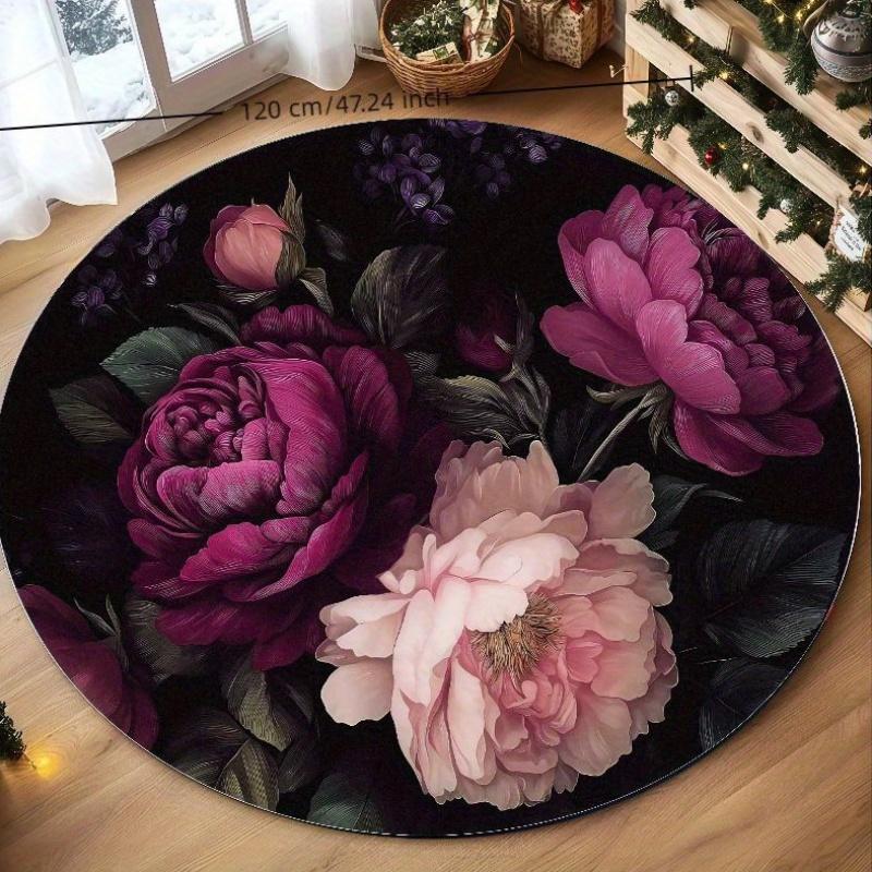 Luxury Dark Peony Flowers Round Rug Elegant Floral Design Soft Flannel Living Room Bedroom Decor Modern Home Carpet Mat