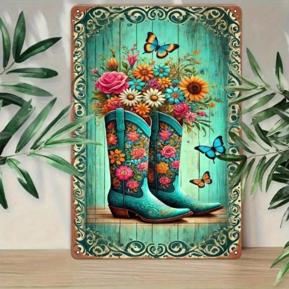 Retro Tin Sign Cowboy Boots Butterflies Vintage Metal Plaque Garden Home Decor 20x30cm