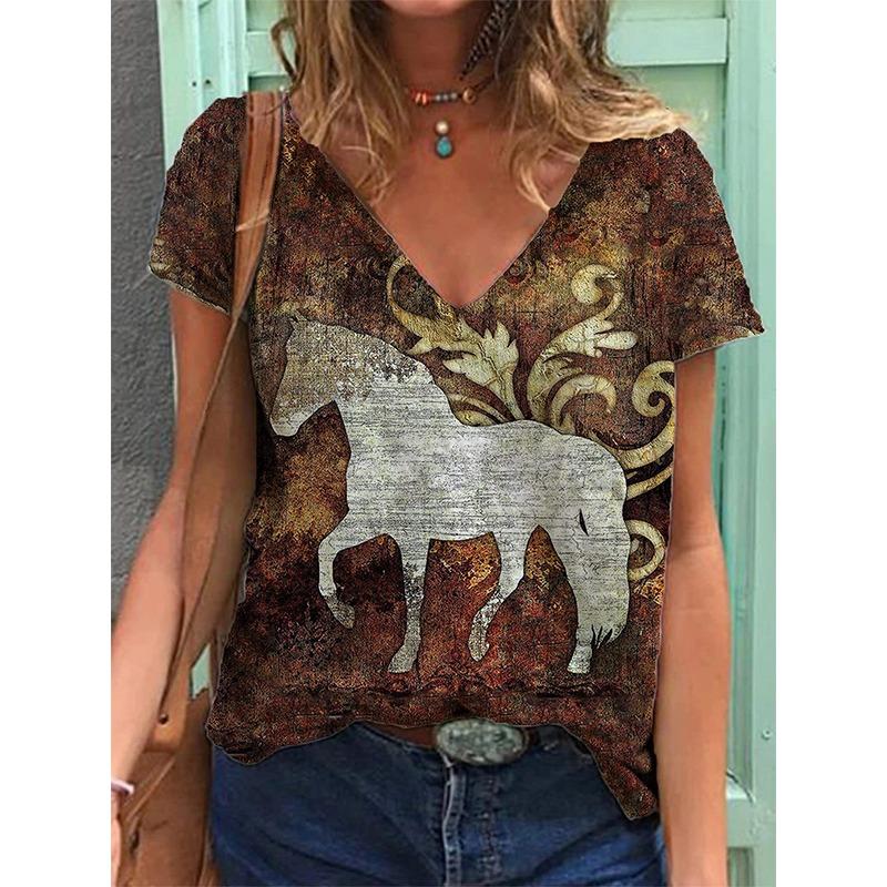 Western Ethnic Style 3D Print T-Shirts Women Fashion V-Neck Short Sleeve T Shirt Y2k Tops Tees Oversized Harajuku Woman Clothing
