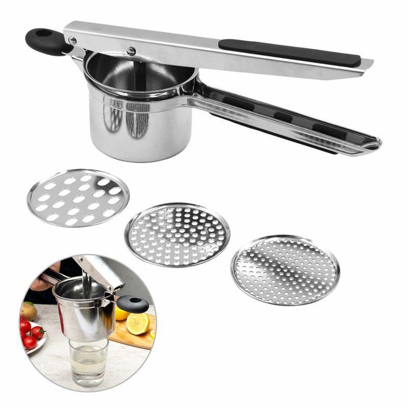 Stainless Steel Manual Potato Ricer with Silicone Grip Handle with Interchangeable Fineness Mesh Potato Masher Kitchen Gadget