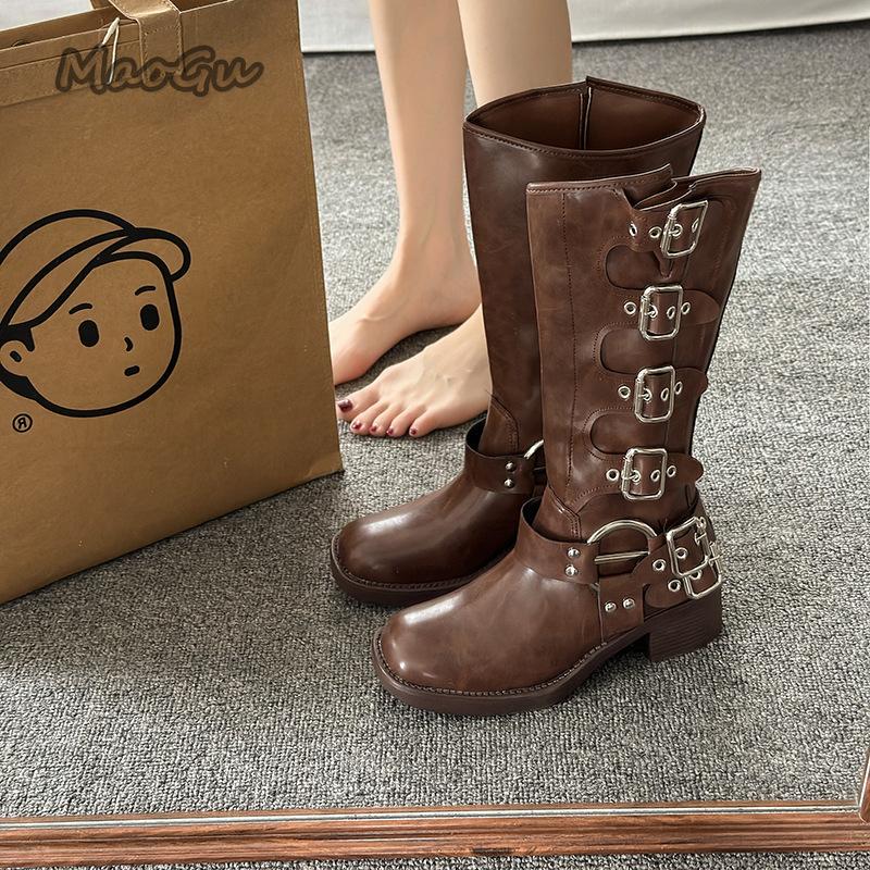Fashion Brown Black Knee High Boots for Women 2025 Autumn Winter Leather Western Cowboy Long Knight Boots Buckle Straps Mid-Calf Botas