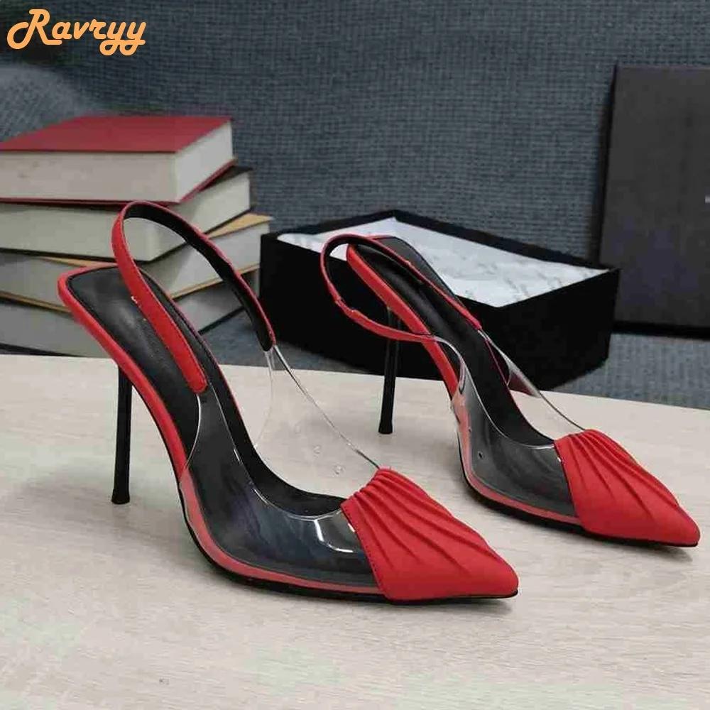 Patent Leather Pleated Stiletto High Heels Pvc Cover Pointed Toe Sandals Women Sexy Back Strap Sandals Black/red/nude