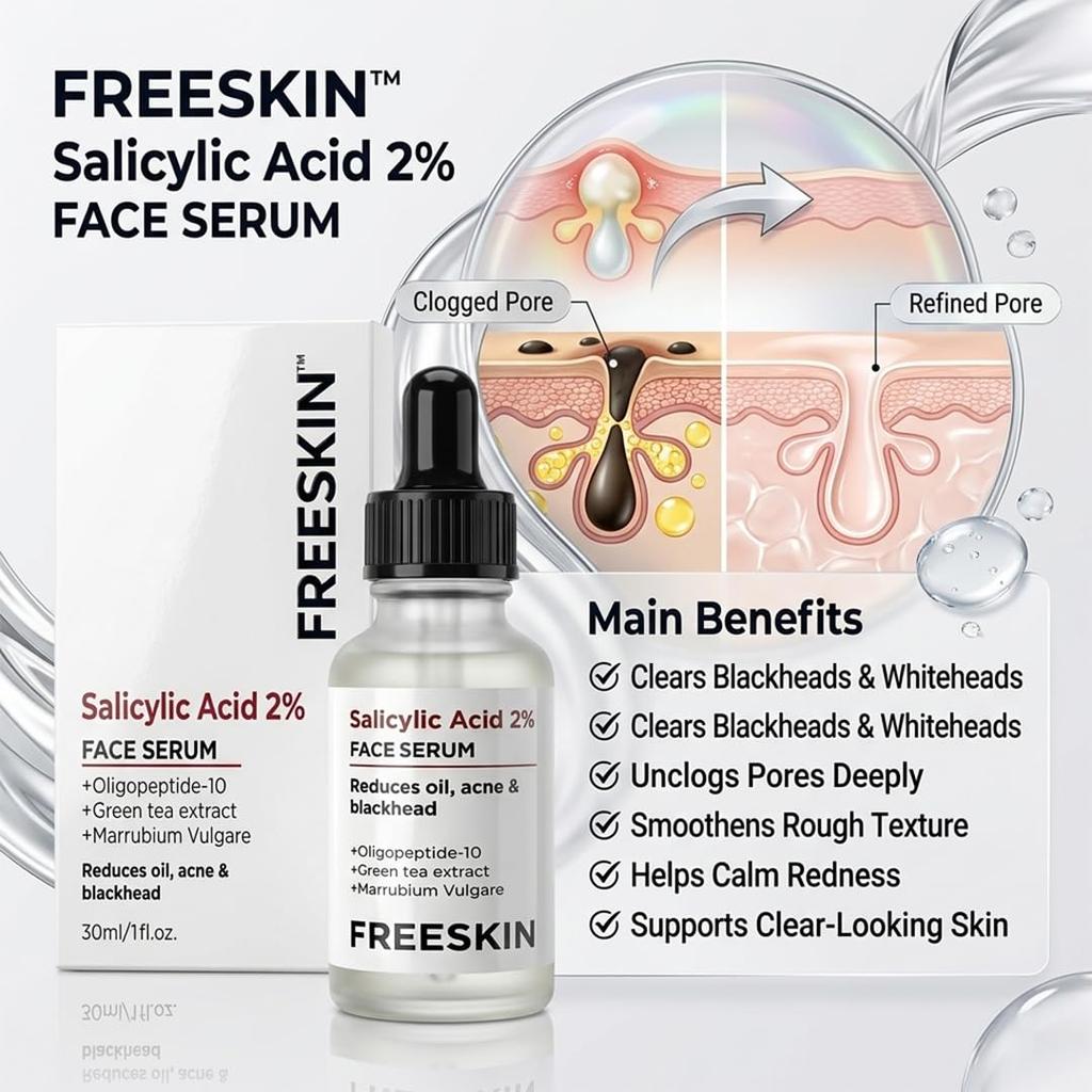 Freeskin 2% Salicylic Acid Face Serum for Oil Control, Blackhead Removal & Anti-Acne Care | Skin Refinement, Hydration & Repair | Suitable for All