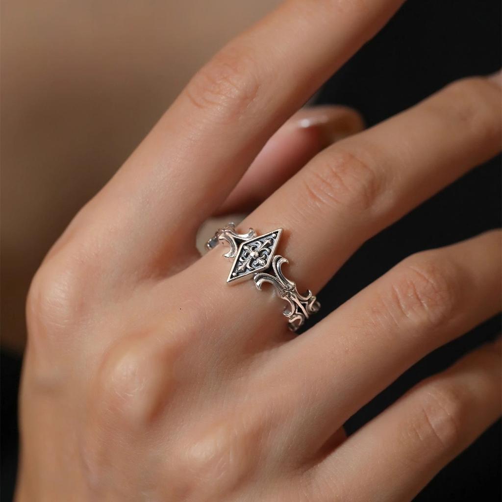 Retro Iris Cross Rhombus Adjustable Open Ring For Men Silver-plated Copper Gothic Punk Edgy Jewelry Unisex Accessories Cool Gift