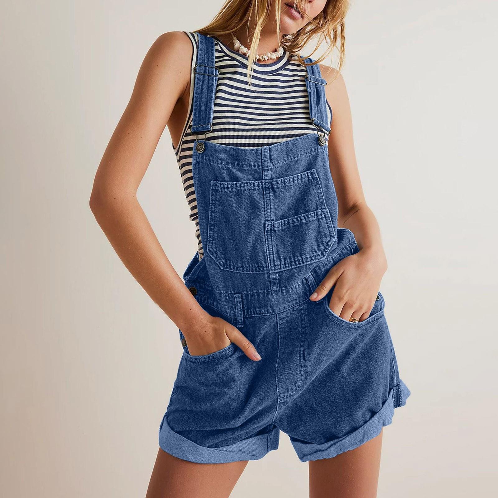 

Женский модный однотонный джинсовый комбинезон с v-образным вырезом и карманами на пуговицах и регулируемым коротким бретелем S темно-синий