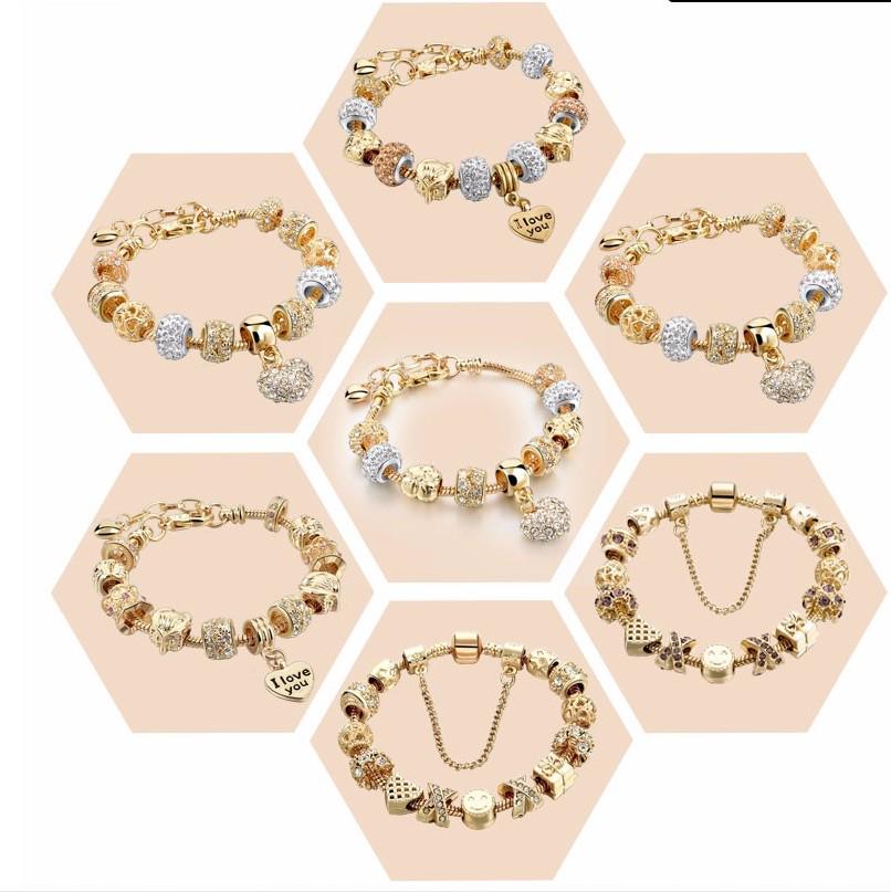 New Panjia Style Gold-Plated Beaded Bracelet with Full Diamond Love Design